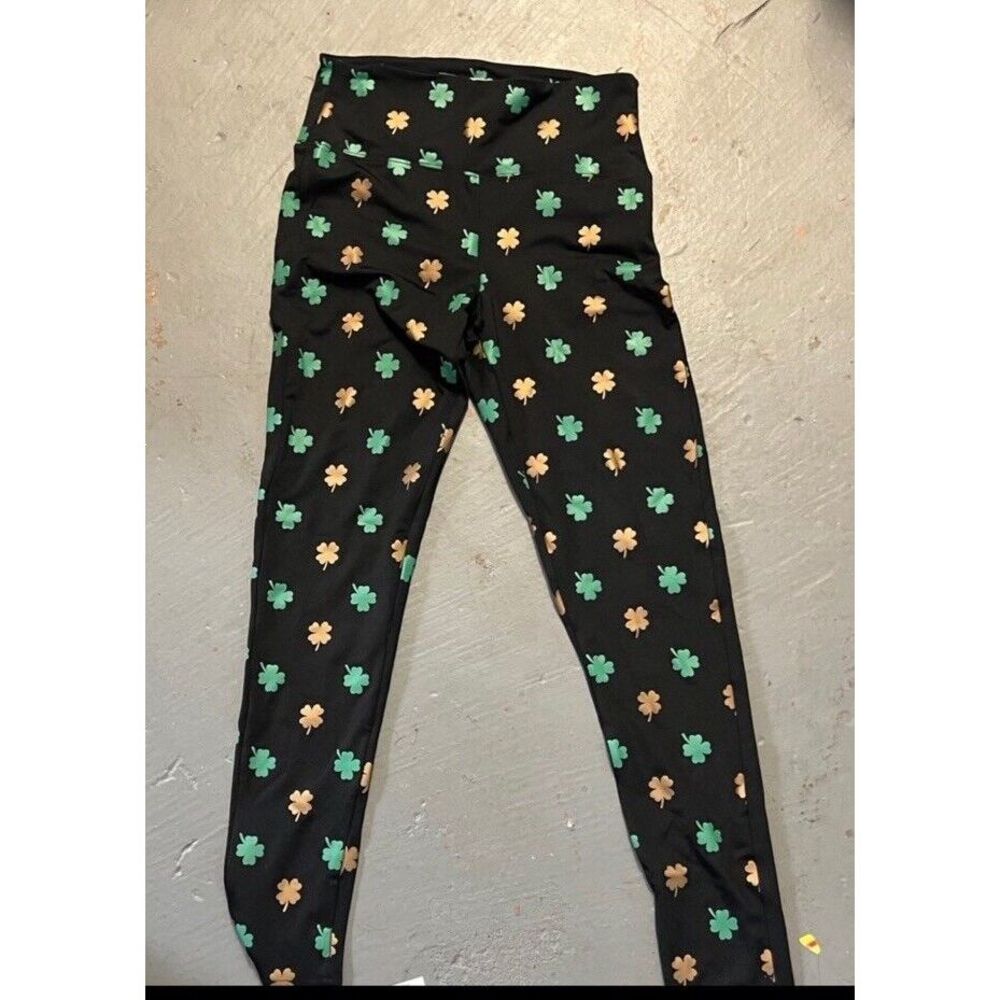 Tipsy Elves St Pattys Day Shamrock Clover Leggings Black Green Stretch Active SM